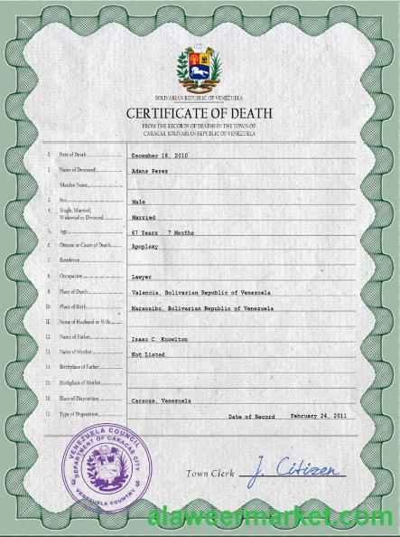 Venezuela vital record death certificate PSD template